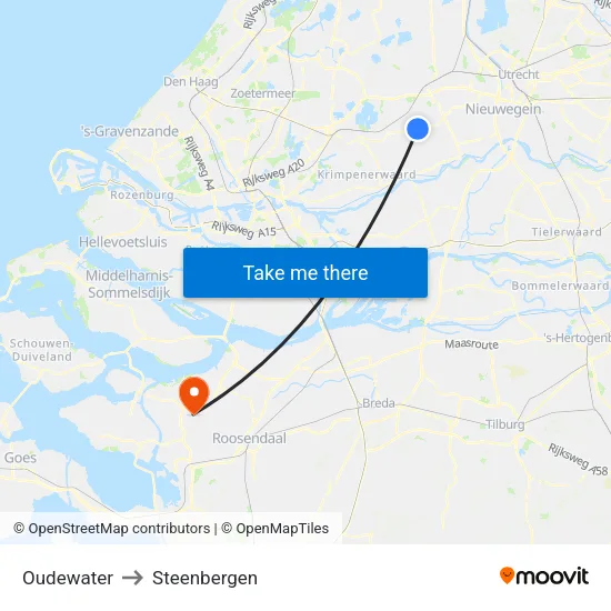 Oudewater to Steenbergen map