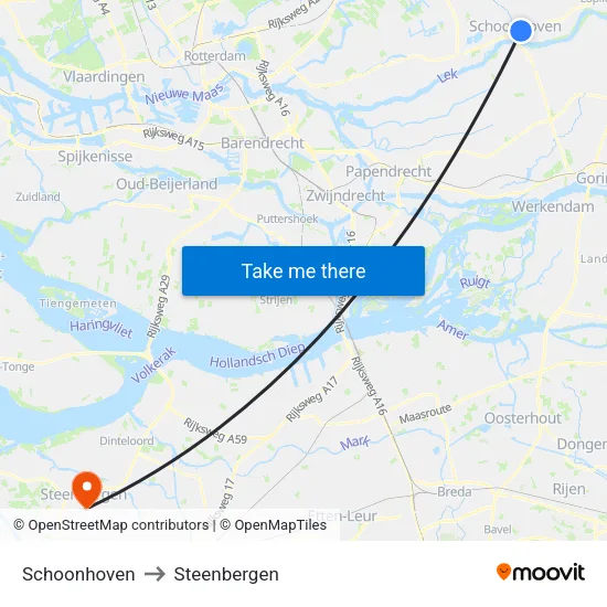 Schoonhoven to Steenbergen map