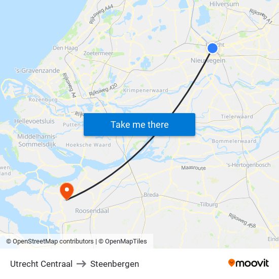 Utrecht Centraal to Steenbergen map