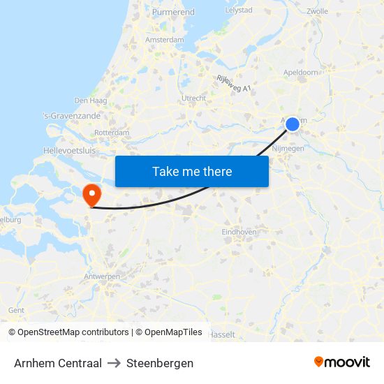 Arnhem Centraal to Steenbergen map