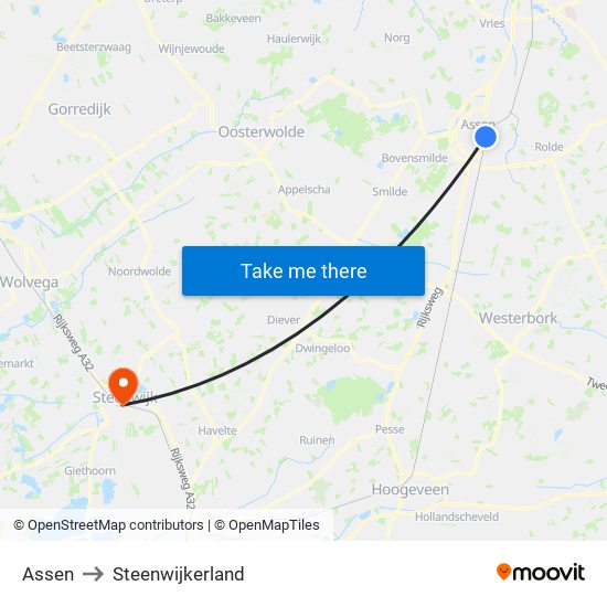 Assen to Steenwijkerland map