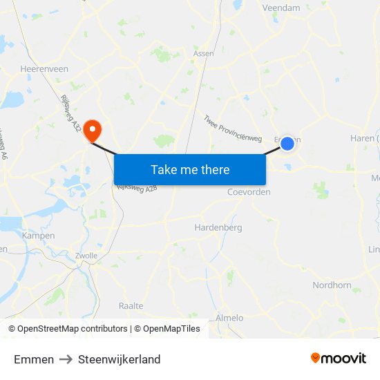 Emmen to Steenwijkerland map