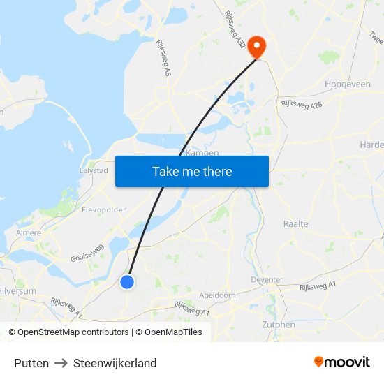 Putten to Steenwijkerland map