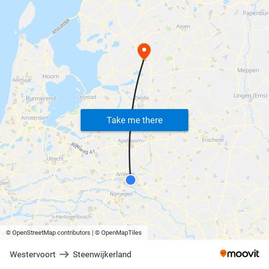 Westervoort to Steenwijkerland map