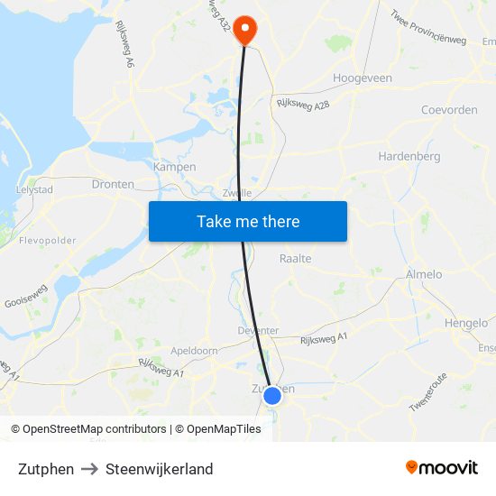 Zutphen to Steenwijkerland map