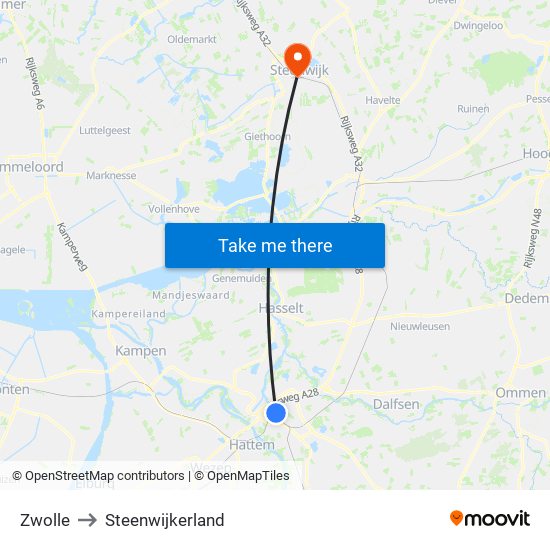 Zwolle to Steenwijkerland map