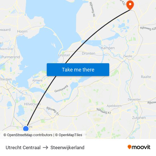 Utrecht Centraal to Steenwijkerland map