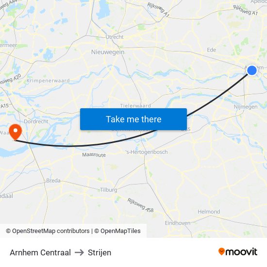 Arnhem Centraal to Strijen map