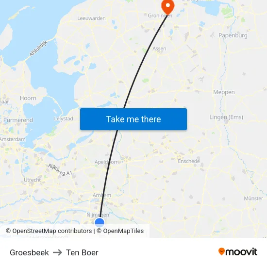 Groesbeek to Ten Boer map