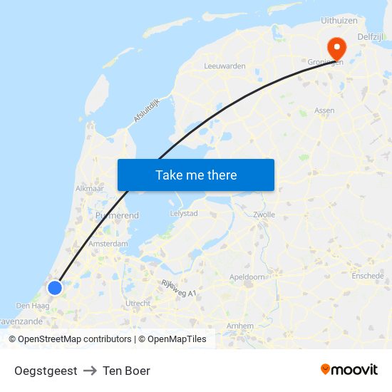 Oegstgeest to Ten Boer map