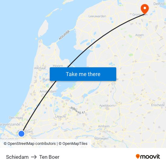 Schiedam to Ten Boer map