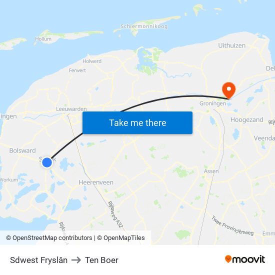 Sdwest Fryslân to Ten Boer map