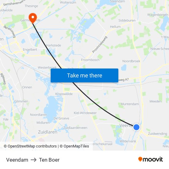 Veendam to Ten Boer map