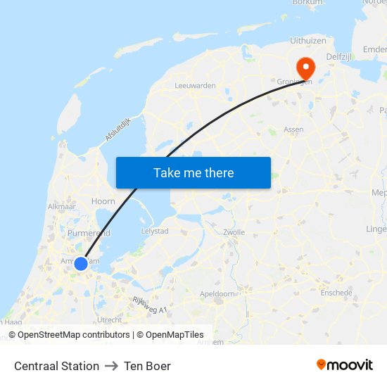 Centraal Station to Ten Boer map