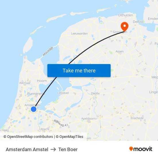 Amsterdam Amstel to Ten Boer map