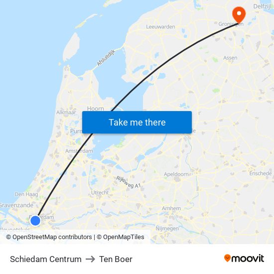 Schiedam Centrum to Ten Boer map