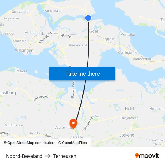 Noord-Beveland to Terneuzen map