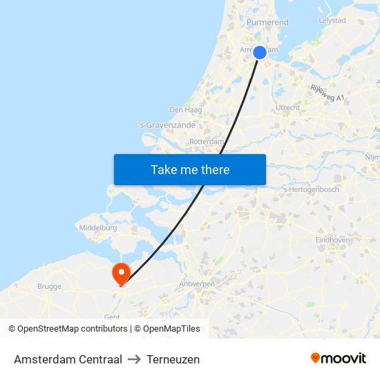 Amsterdam Centraal to Terneuzen map