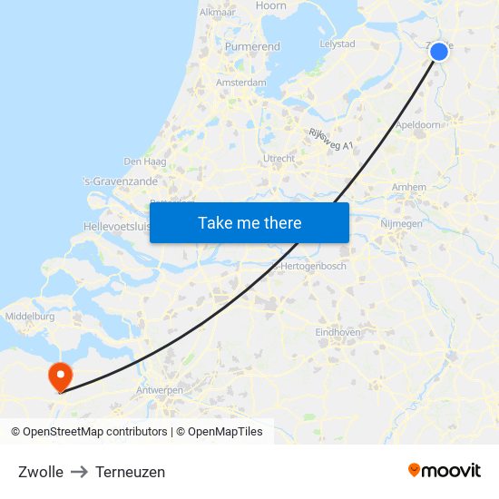 Zwolle to Terneuzen map