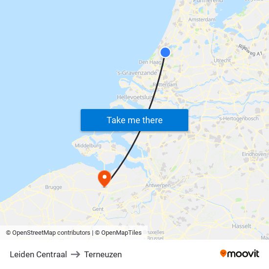 Leiden Centraal to Terneuzen map