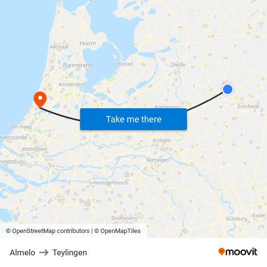 Almelo to Teylingen map