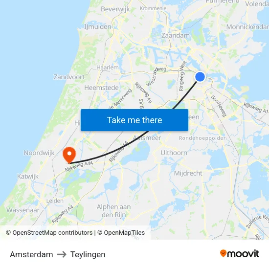 Amsterdam to Teylingen map