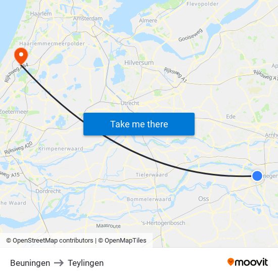 Beuningen to Teylingen map