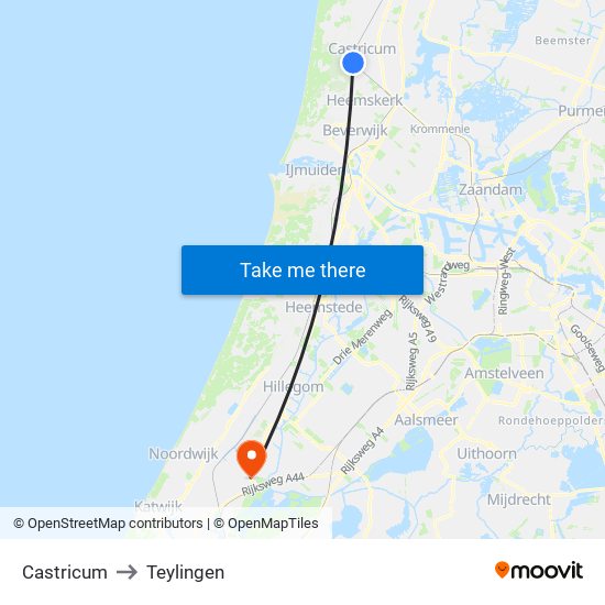 Castricum to Teylingen map