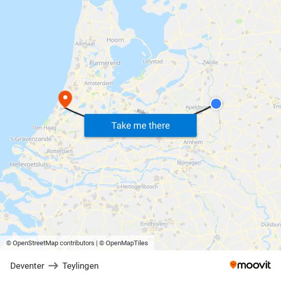 Deventer to Teylingen map