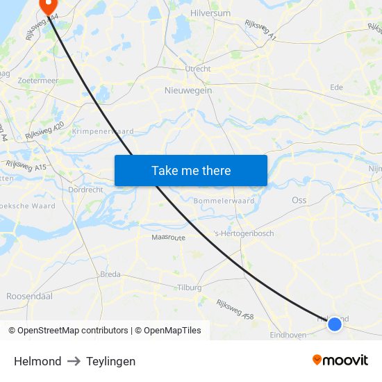Helmond to Teylingen map
