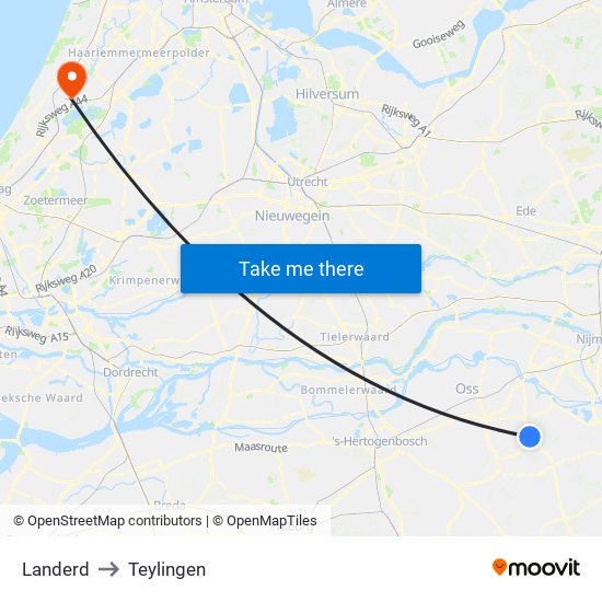 Landerd to Teylingen map