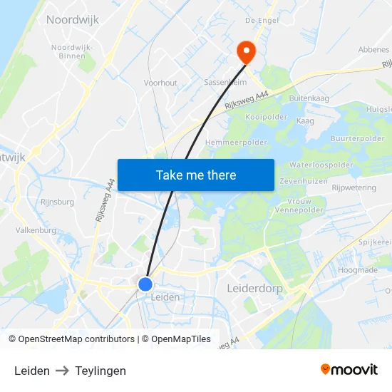 Leiden to Teylingen map