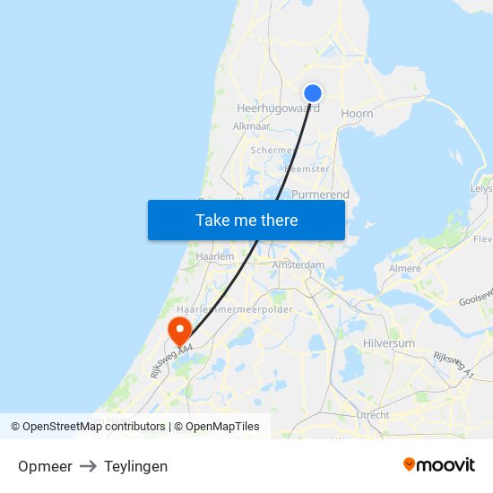 Opmeer to Teylingen map