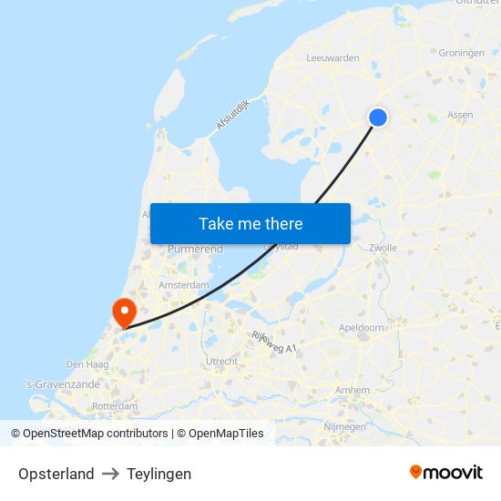 Opsterland to Teylingen map