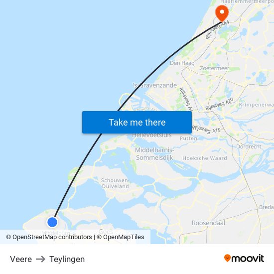 Veere to Teylingen map