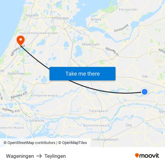 Wageningen to Teylingen map