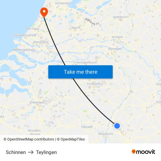 Schinnen to Teylingen map