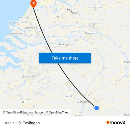 Vaals to Teylingen map