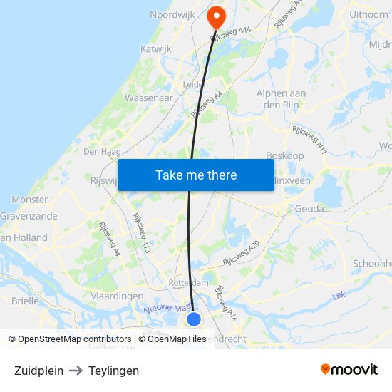 Zuidplein to Teylingen map