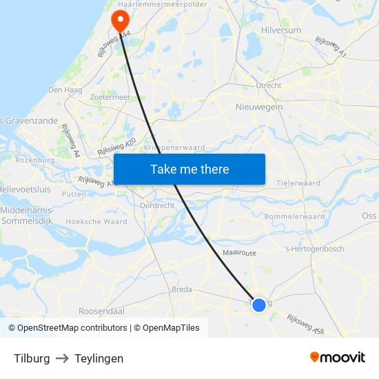 Tilburg to Teylingen map