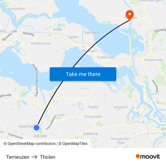 Terneuzen to Tholen map