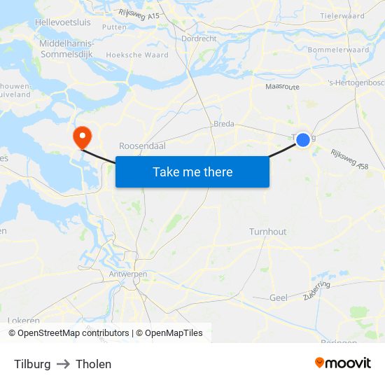 Tilburg to Tholen map