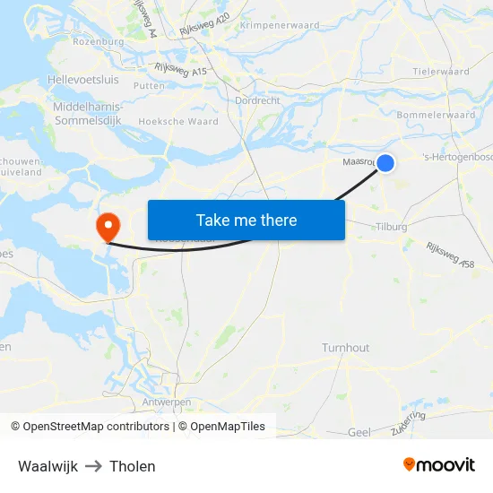 Waalwijk to Tholen map