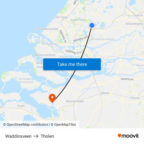 Waddinxveen to Tholen map