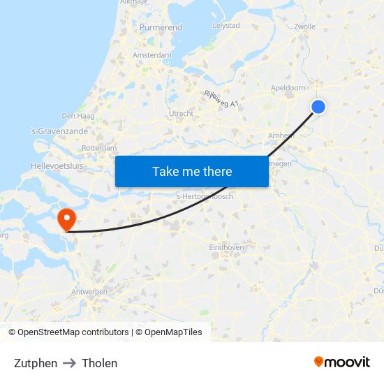 Zutphen to Tholen map