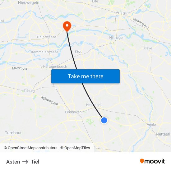 Asten to Tiel map