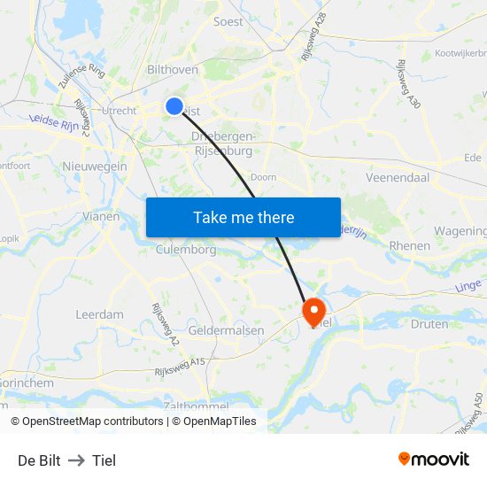 De Bilt to Tiel map