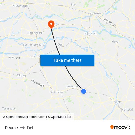 Deurne to Tiel map