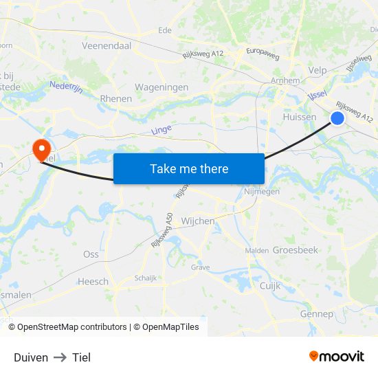 Duiven to Tiel map