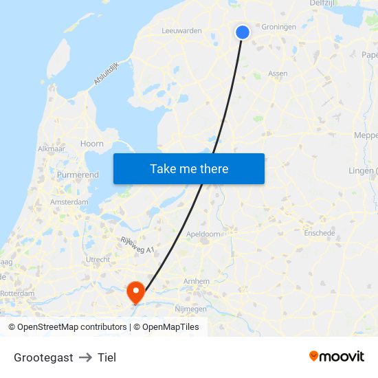 Grootegast to Tiel map